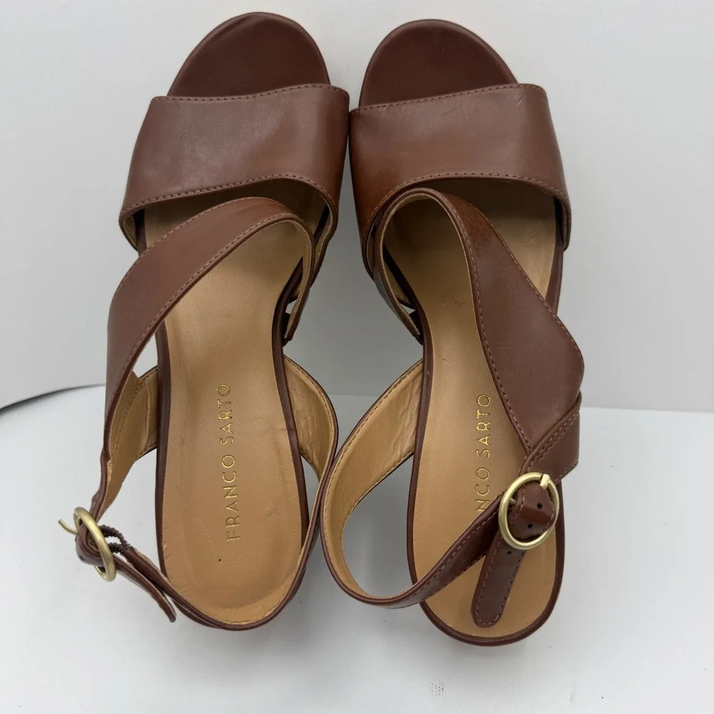Franco Sarto Women's Size 8.5M Brown Leather Cork Wedge Sandals Casual